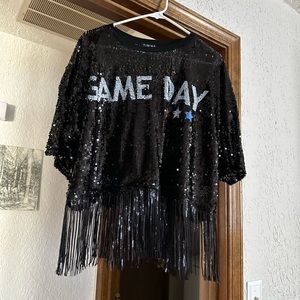 Women’s black sequin and fringe Game Day top. Cropped fit. Size Large. Worn once